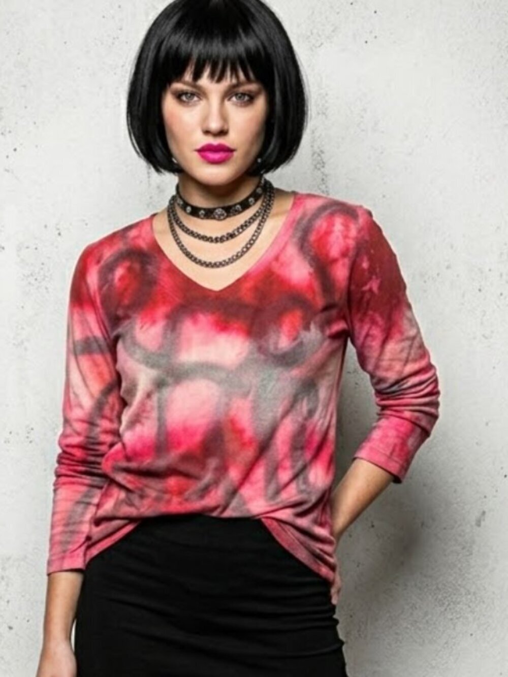Soft Surroundings Blouse Red Top Bell Sleeves Size XS Extra Small TIE DYE